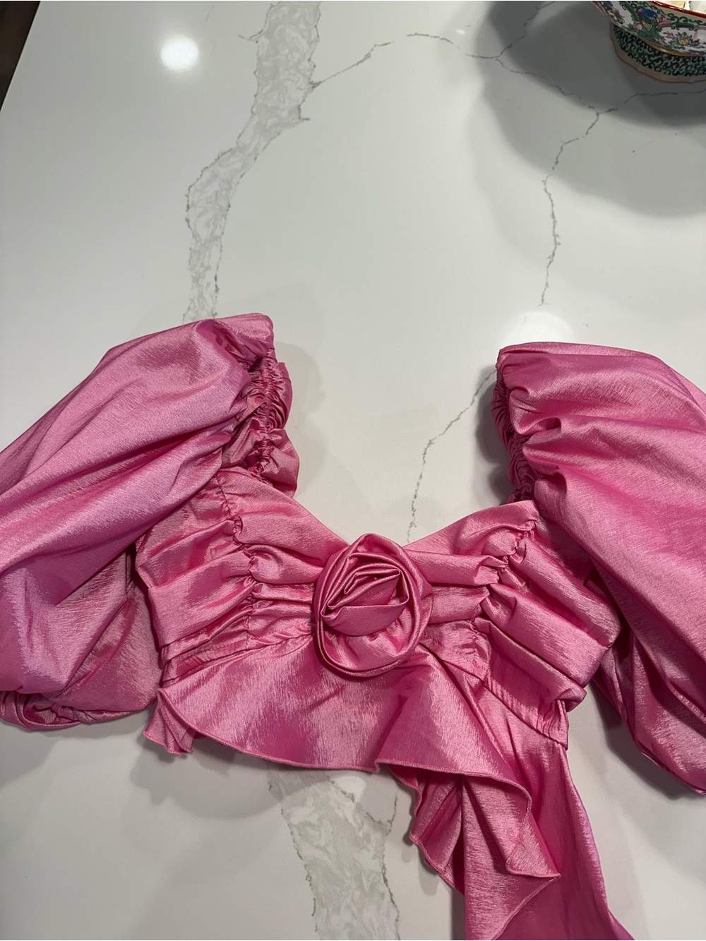 For Love & Lemons Hot Pink Puff Sleeve Crop Top